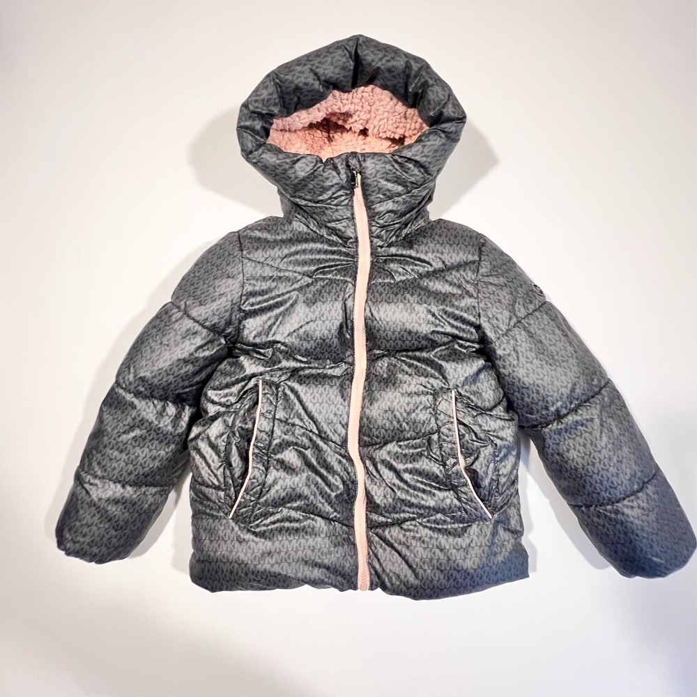 Michael Kors Puffer Coat Hooded Jacket MK All Over Print Black Girls 7/8